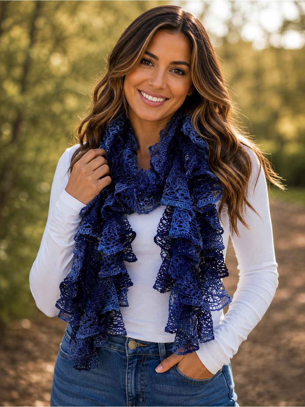 Open-Knit Ruffle Accent Fashion Scarf